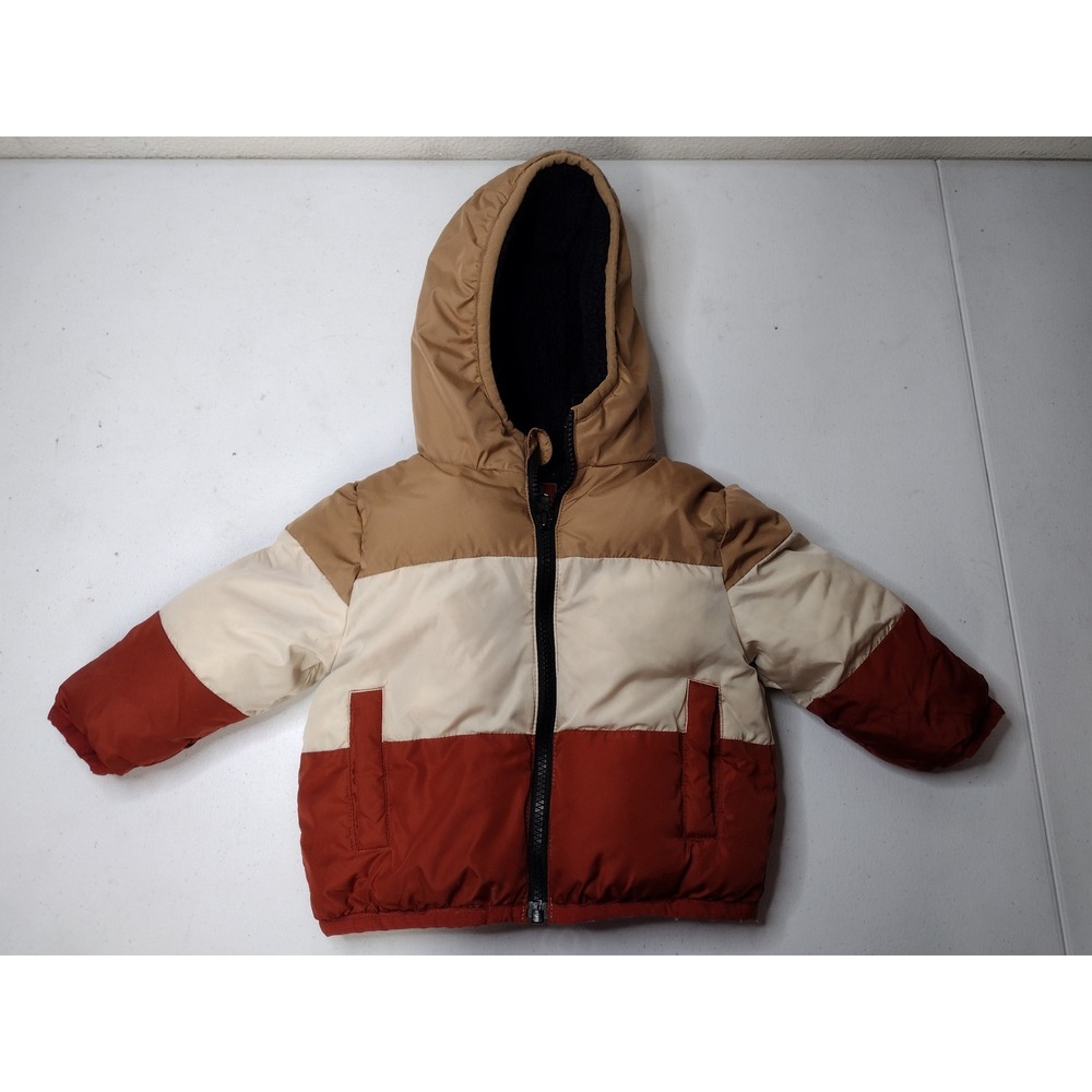 Swiss Tech Baby Kids Colorblock Puffer Jacket Hooded Fleece Lined 12M Orange Tan